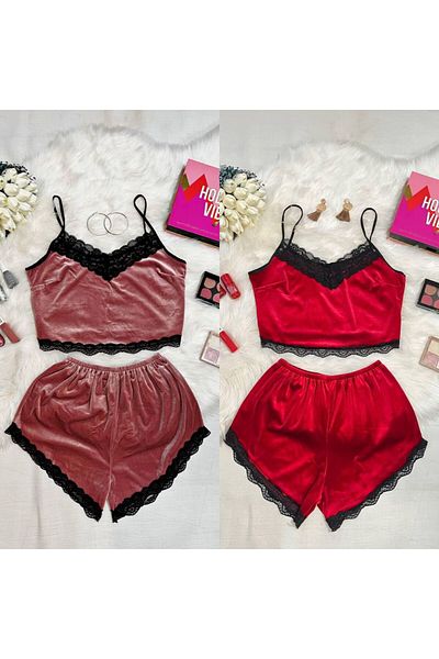 TURKUAZ KIDS 2 2 Piece Cherry and Red Color Tank Top Shorts Velour Lacy Fancy Women Nightwear Set