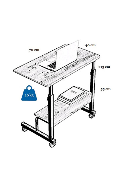 servetavcı Laptop Stand with Height Adjustable Shelf - Anthracite White (with Wheels)
