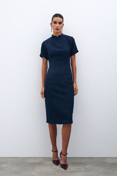 Sateen Rochie din tweed cu guler stand - bleumarin