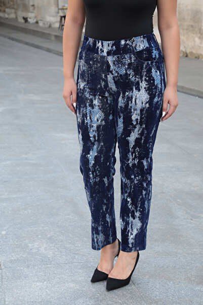 EXİTLİNE Indigo Navy Blue Women's Trousers - Leaf Printed