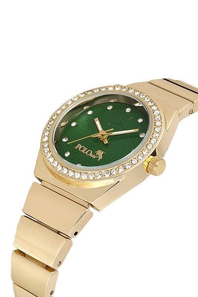 Polo Air Gold-Green Single Row Luxury Jewelled Women's Wristwatch - Pl-1490B3X
