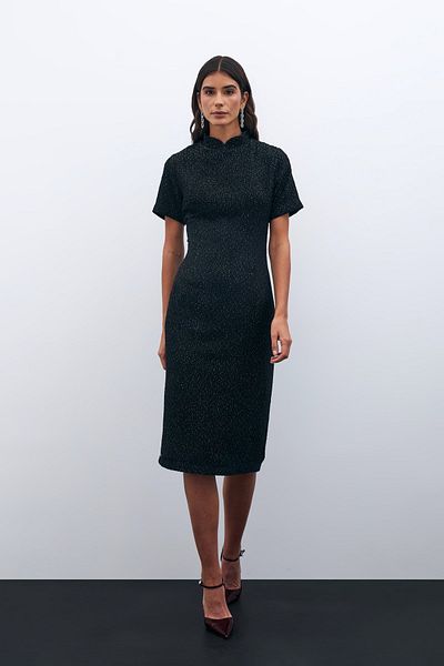 Sateen Rochie din tweed cu guler stand - neagră