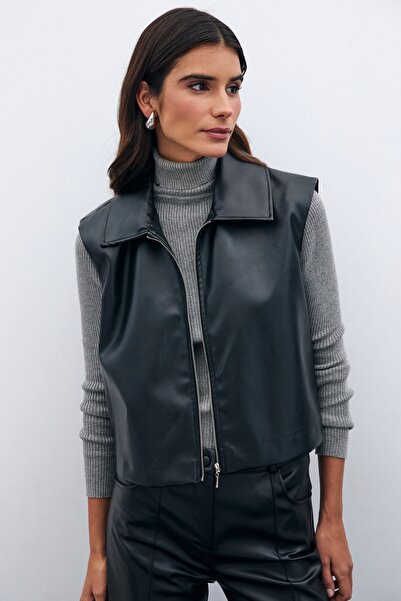 Sateen Δερμάτινο γιλέκο με φερμουάρ - Μαύρο