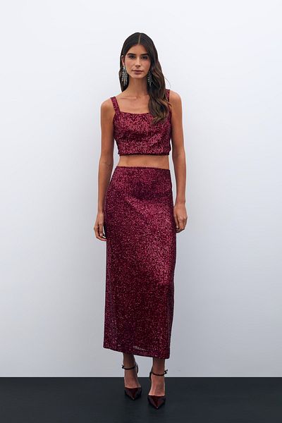 Sateen Zippered Karolin Midi Skirt - Claret Red