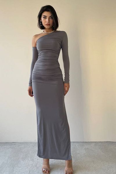 WOMAN VISION Smoked Sandy Fabric - One Shoulder Slit Maxi βραδινό φόρεμα 317