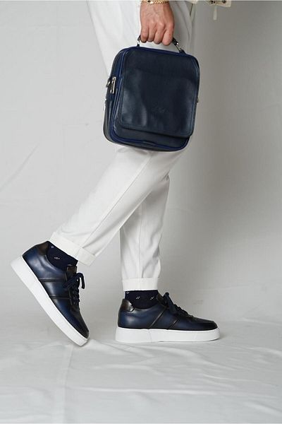 TETRİ Eddy Model Model Genuine Leather Handmade Men's Navy Blue Sneakers Shoes