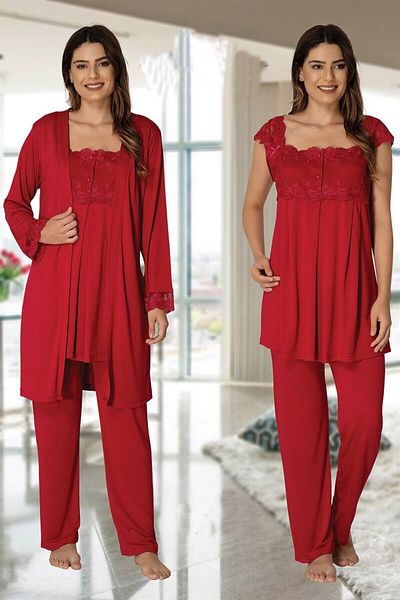 Pelin Women's Red Strap Lace Maternity Maternity 3-Piece Pajamas Set