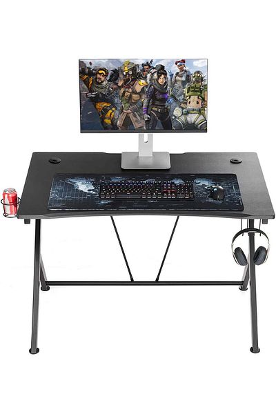 EqiEch R-Shape Gaming Table with Headphone Hook & Cup Holder for PC Home Office
