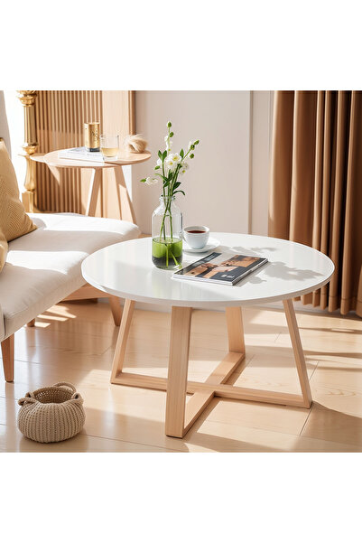 EqiEch Solid Wood Round Coffee Table, Nordic Style Pedestal Sofa End Table, 50x40x50cm