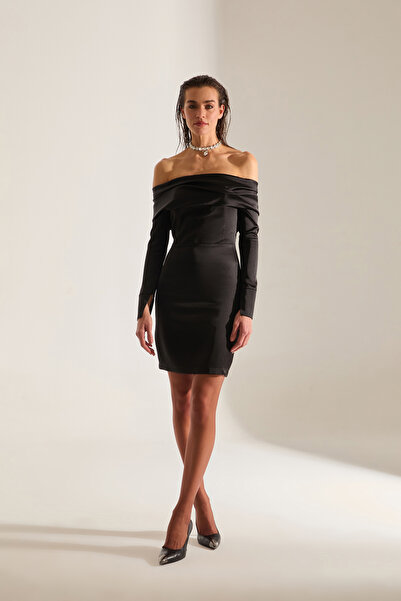 BETTY & SAM Sofia Düşük Omuz SİYAH Mini Nikah Elbisesi