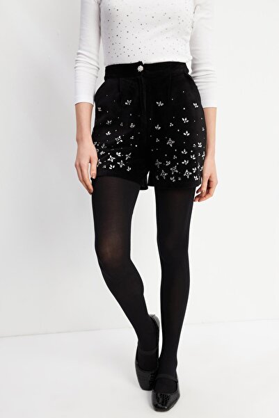 Hanna's by Hanna Darsa Önü Çiçek Taş Desenli İki Cepli Siyah Kadife Şort