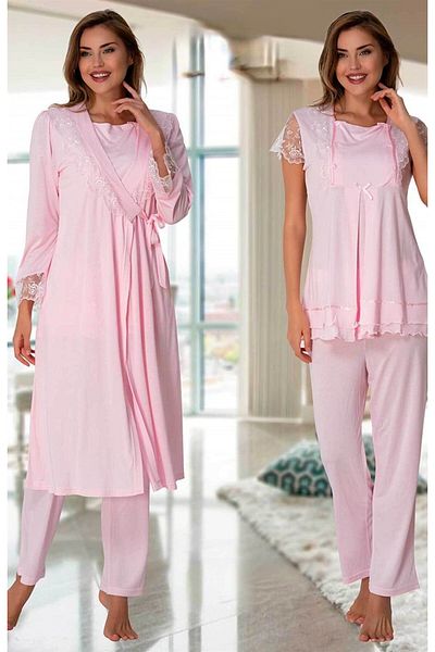 Pelin Women's Powder Short Sleeve Lace Maternity 3-Piece Pajamas Set