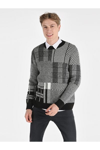 Colin's Pulover negru pentru bărbați - croială obișnuită, decolteu, carouri