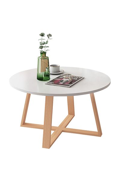 EqiEch Solid Wood Round Coffee Table, Nordic Style Pedestal Sofa End Table, 50x40x50cm