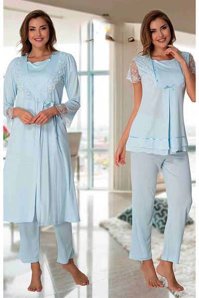 Pelin Set de pijamale de maternitate pentru femei, albastru, cu mâneci scurte, din 3 piese