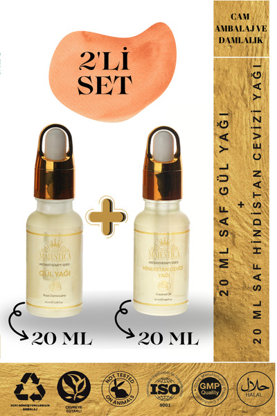 Majestica 20 مل من زيت الورد الطبيعي و20 مل من زيت جوز الهند الطبيعي، مجموعة من قطعتين