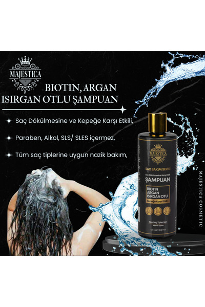 Majestica (TUZSUZ) Biotin, Argan, Isırgan Otlu Şampuan 400 Ml, Dökülme Ve Kepeğe Karşı Etkili