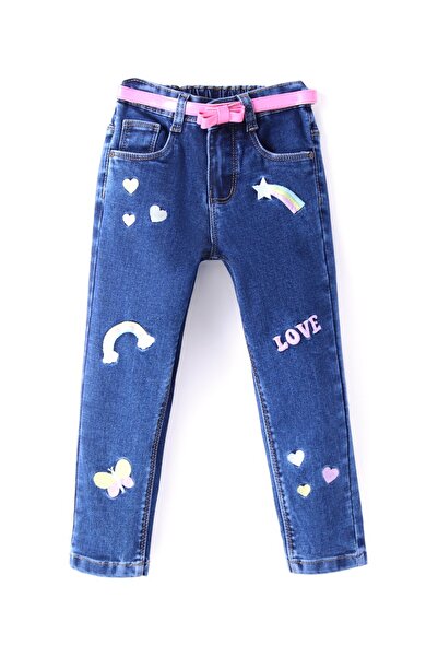 Babyhug Babyhug Denim Washed Full Length Jeans with Stretch Heart Embroidered - Blue