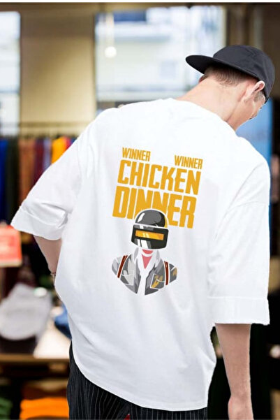 FECCY Tricou oversize din bumbac imprimat PUBG Winner Chicken Dinner