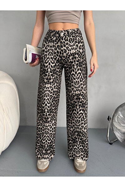 alanora Kadın Leopar Desen Yüksek Bel Likralı Wide Leg Pantolon