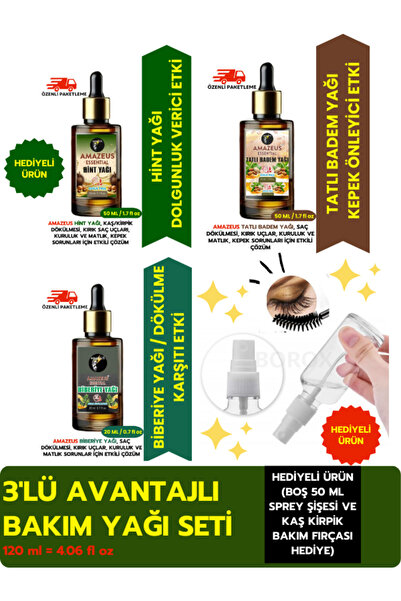 Amazeus 3'lü Bitkisel Yağ Seti/*hint, Tatlı Badem, Biberiye* (120 ML) %100 Sa...