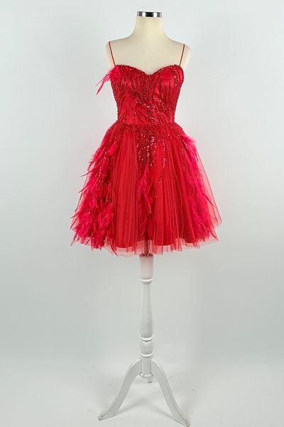 Lenta Moda Red Feather Lace Covered Mini Evening Dress and Evening Gown