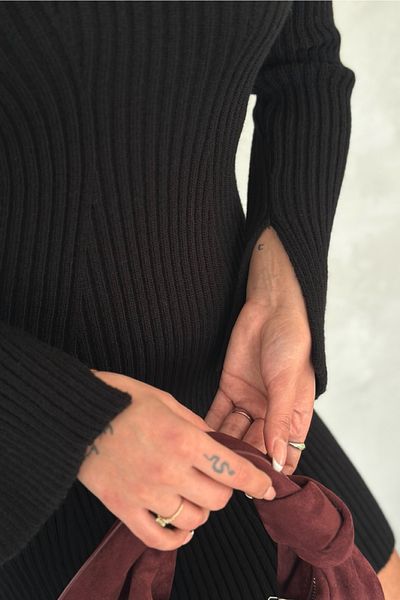 FEMELLE Rochie neagră de damă, mărime standard, tricotaj cu mâneci