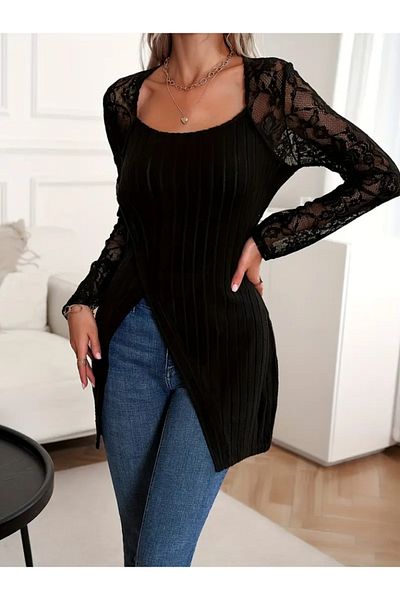 Kokosh moda Γυναικεία μακρυμάνικη μπλούζα από τούλι με λεπτομέρεια τετράγωνο γιακά ασύμμετρη κοπή με ριχτάρι