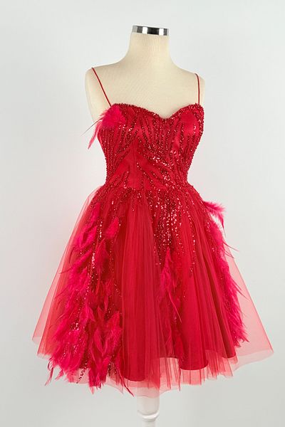 Lenta Moda Red Feather Lace Covered Mini Evening Dress and Evening Gown