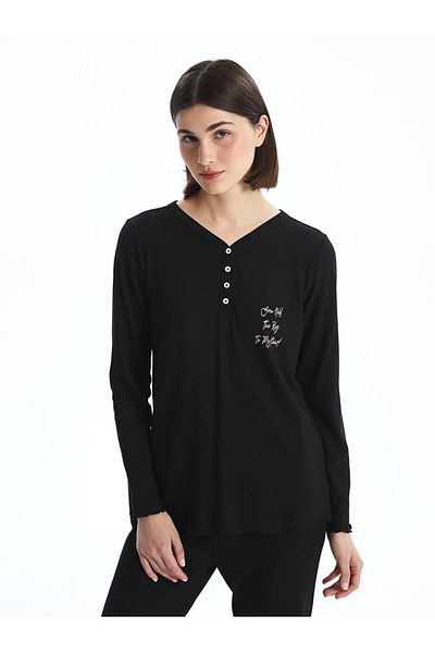 LC Waikiki Lcw Dream Black V-Neck Embroidered Women's Pajamas Set