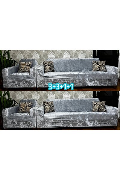 Hazineci Bey طقم غطاء أريكة مطاطي مخملي رمادي - 3+3+1+1 غطاء أريكة وأريكة سرير، قابل للتمدد