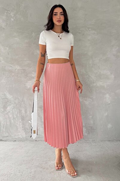 FEMELLE Women's Pink Standard Size Elastic Waist Chiffon Printed Pleated Skirt