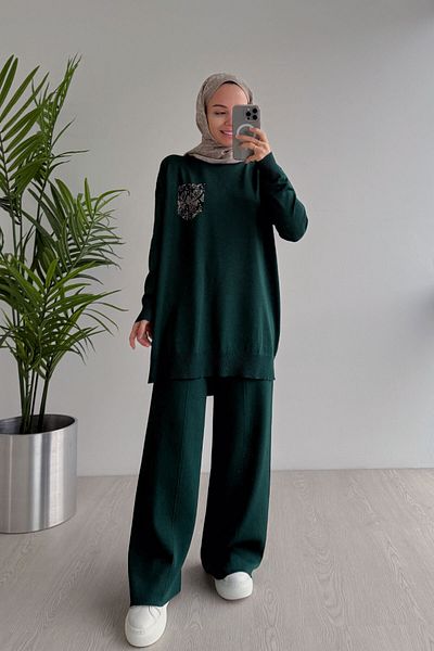 Ka Hijab Stoned Pocket Mercerized Hijab Set - Emerald