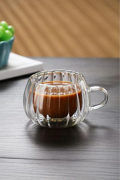 Sezka Life Borosilicate Double Walled Tea Cup with Wooden Base Heat Resistant Glass Coffee Cup