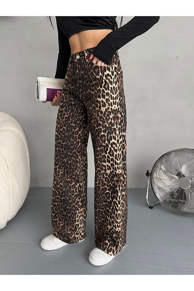 alanora Women's Leopard Pattern High Waist Lycra Wide Leg Pants