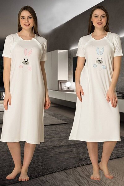 Pelin Women's Powder Maternity Maternity Rabbit Patterned Nightdress with Bre...