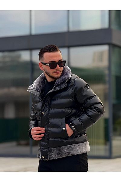 KINGAF Inflatable Winter Leather Coat with Collar and Skirt Fur