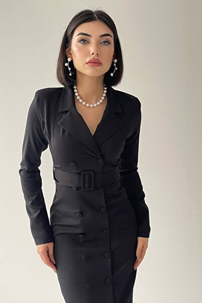 barış sülün lovebox Černé midi šaty - vycpané a podšité, s límcem typu blazer, s páskem - 319