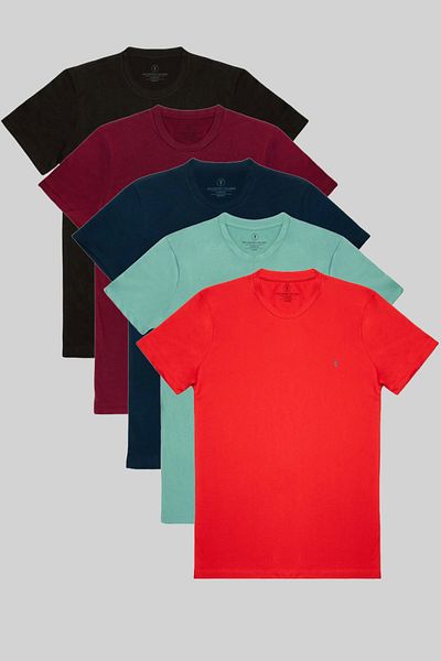 COMBİNE MİCHAİL Ανδρικό μπλουζάκι 5-Pece Relaxed Fit 100% Cotton Crew Neck Red-Cagla-Navy Blue-Claret Red-Black