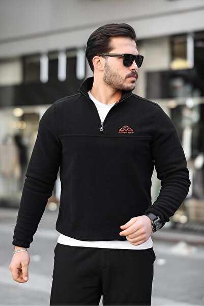 Miron Unisex Μαύρο κεντημένο γιακά με φερμουάρ Fleece φούτερ - 2321