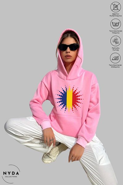 Nyda Collections Unisex μακρυμάνικο φούτερ με κουκούλα Ρουμανίας με στάμπα με κουκούλα Oversize βαμβακερό φούτερ