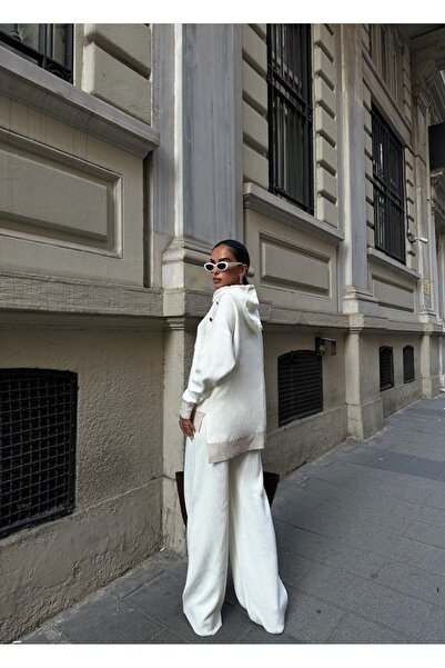 Bubble Women's Beige Ecru Oversize Hooded Shoulder Button Detailed Knitwear Sweatshirt Trousers Double Set