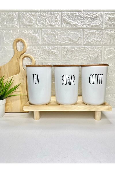 MODA OZY Set of 3 900ml Acrylic (Plastic) Storage Containers with Wooden Lids and Jars with Stand (with Transfer Label)