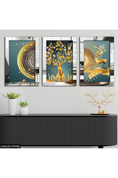Evinemoda Pictură în oglindă din plexiglas argintiu cerb abstract 3 piese