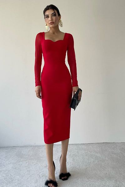 barış sülün lovebox Women's Atlas Fabric Sweetheart Neck Long Sleeve Red Midi Pencil Dress 321