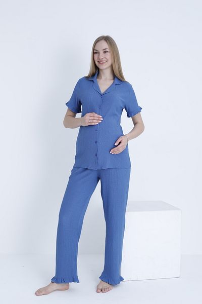 Miss Dünya Lissa Front Button Shirt Collar Adjustable Waist Elastic Woven Maternity and Maternity Pajamas Set