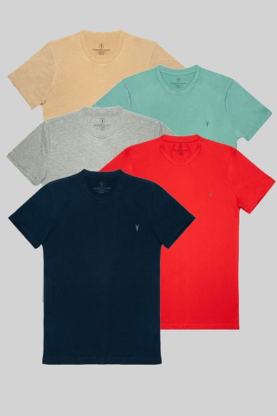 COMBİNE MİCHAİL Ανδρικό μπλουζάκι μπεζ-Cagla-Grimelange-Red-Navy Blue 100% βαμβάκι 5 συσκευασιών