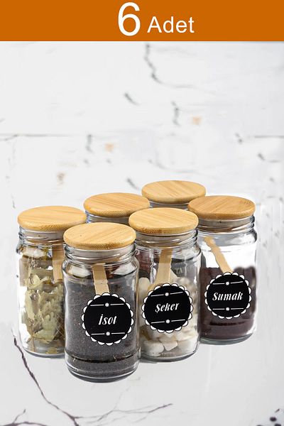 KRM HOME 320 Cc-6 Glass Spice Rack Set - with Wooden Spoon and Wooden Lid