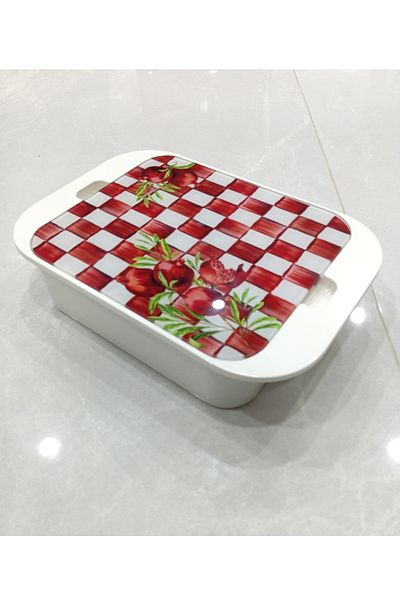 Pinkev 4-Piece Glass Lid Melamine Tray Breakfast Set - Pomegranate Patterned