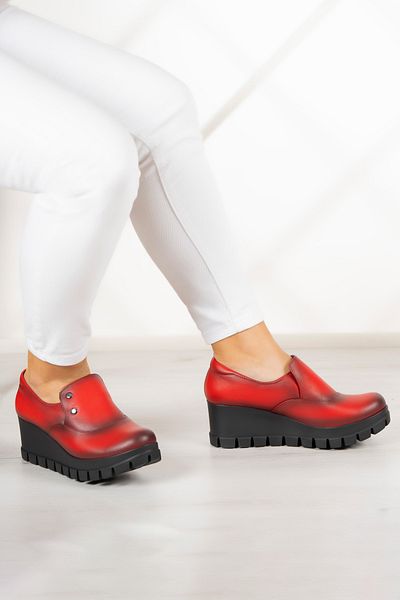 Erkan Saçmacı Gloria Red Genuine Leather Daily Wedge Heel Shoes